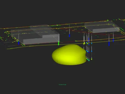 3D model of a TCE groundwater plume beneath site buildings with concentration legend