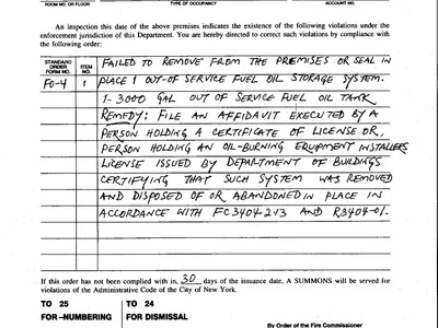 Handwritten New York City Fire Department violation order citing a fuel oil tank