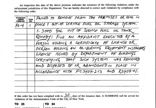 Handwritten New York City Fire Department violation order citing a fuel oil tank