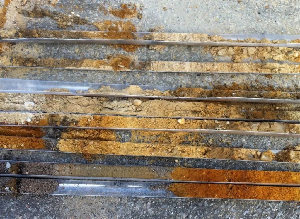 Layered soil cores in clear plastic sleeves laid on pavement showing tan and orange strata
