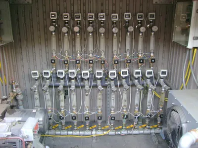 Bank of rotameters, gauges, and valves on a soil-vapor extraction manifold