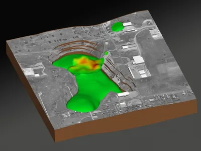 Three-dimensional site map showing a color-graded contaminant plume over aerial imagery