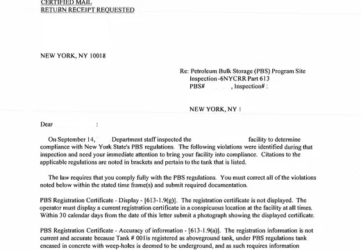New York State DEC notice of violation letter for a tank inspection