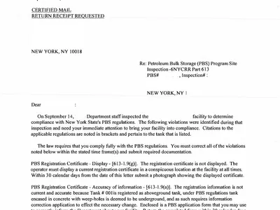 New York State DEC notice of violation letter for a tank inspection