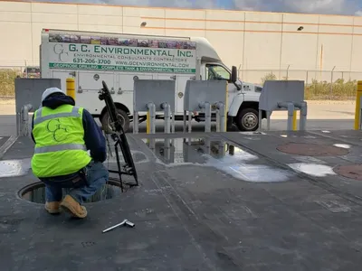 GCE worker opening a monitoring port on a fuel dispensing pad