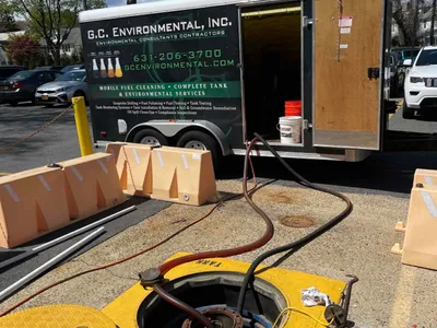 Hoses from the trailer feeding into an open underground tank fill port